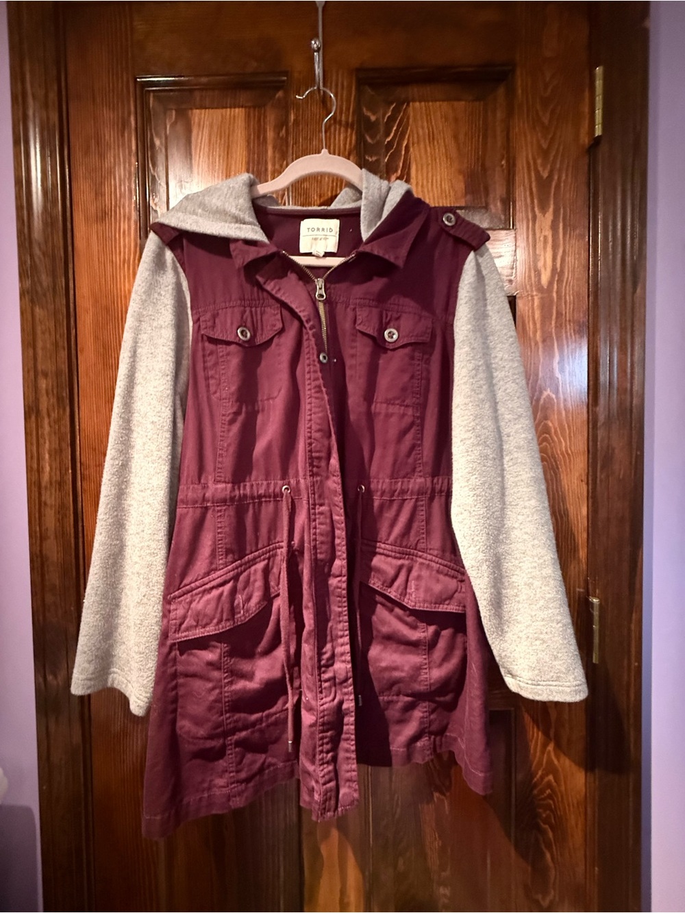 torrid Burgundy Utility Jacket with Gray Hood and Sleeves